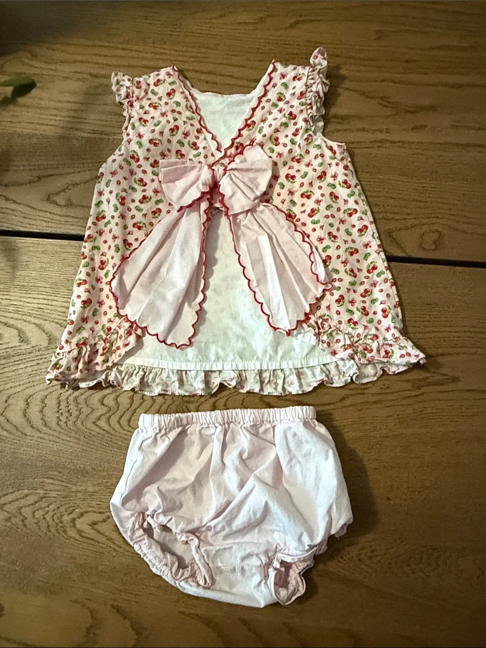 Pink Cherry Print Dress with Matching Pale Pink Diaper Cover